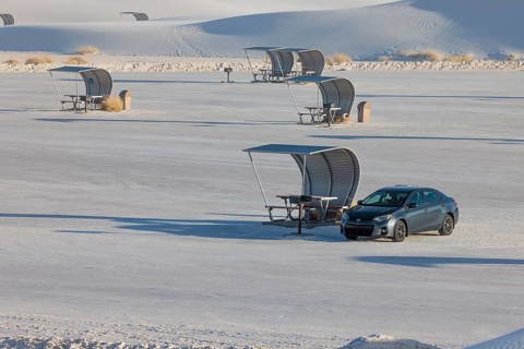 Parking and picnic area between the white gypsum sand dunes at White Sands National Park in