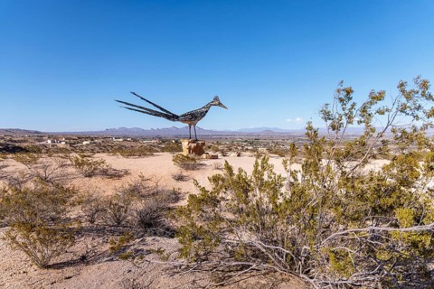 Giant Recycled Roadrunner statue made entirely from discarded materials by artist Olin Calk at an