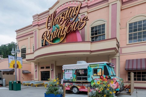 Blended Pedaler food truck parked at the entrance of the closed Chasing Rainbows theater at the