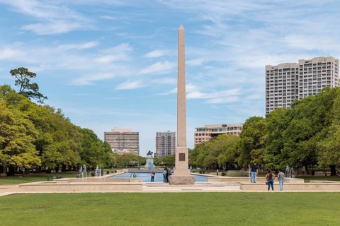 Pioneer Memorial Obelisk and the Molly Ann Smith Plaza at the end of the Mary Gibbs and Jesse H.