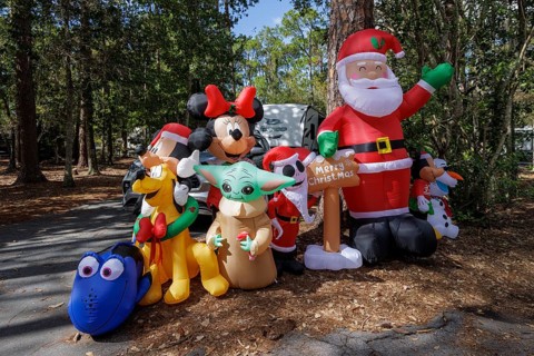 Inflatable Christmas decorations at a campsite in Fort Wilderness campground at Walt Disney World