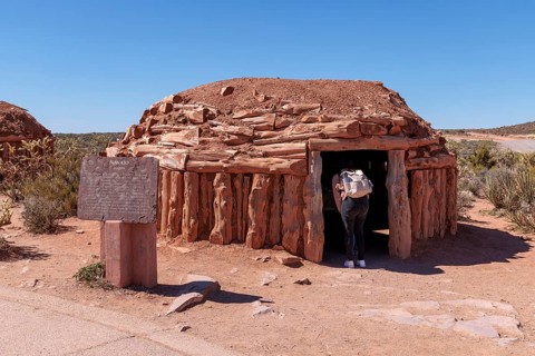 Navajo hogan exhibit teaches guests about native American culture at Grand Canyon West near Peach