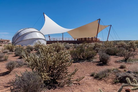 Shade structures provide visitors relief from the desert sun at Eagle Point in Grand Canyon West
