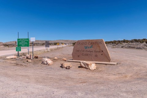 Entrance sign wlecoms visitors to Grand Canyon West near Peach Springs, Arizona