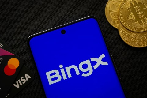 Smartphone displaying BingX logo surrounded by Bitcoin coins and payment cards