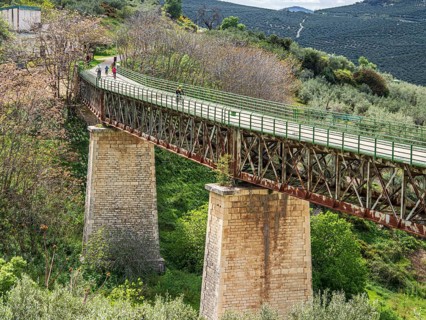 Cyclist on a bridge, cycle path Via Verde Del Aceite, old railroad track leading over a bridge, at