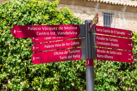 Signposts of historic locations, Ubeda, Unesco heritage city, Andalusia, Spain