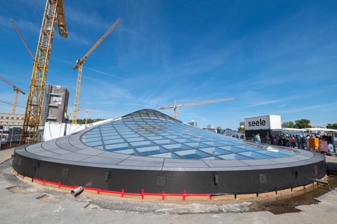 Open days at the new main railway station, Stuttgart 21, large glass structure on construction site