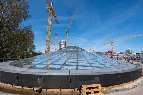 Open days at the new main railway station, Stuttgart 21, close-up view of a glass roof on a