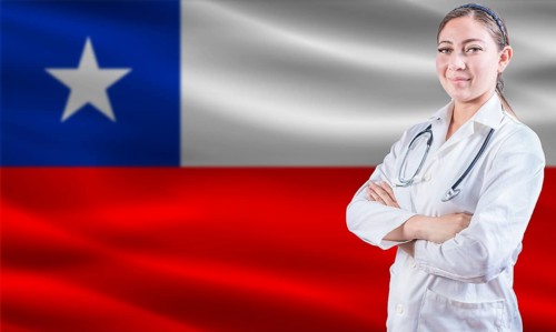 Female doctor on Chile flag. Doctor with crossed arms on Chile flag. Chile health and care concept