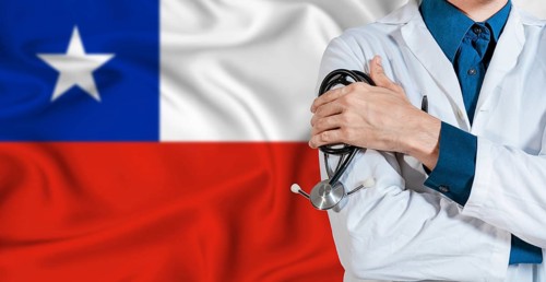 Doctor with stethoscope on Chile flag. Doctor holding stethoscope on Chile flag
