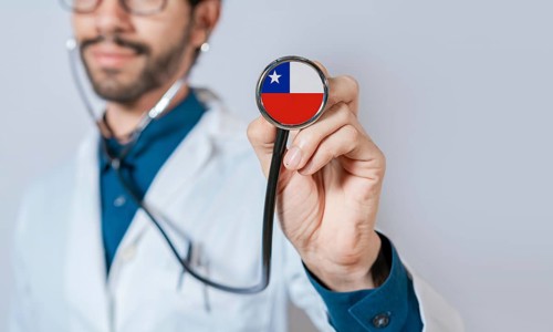 Doctor holding stethoscope with Chile flag. Chile health and care concept, Chile flag on