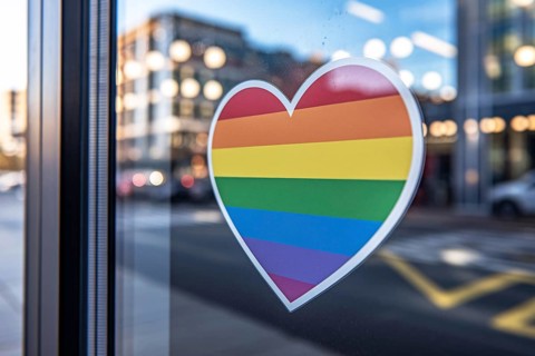Heart shaped rainbowflag LGBT sticker in shopping window in support of pride month. Generative AI,