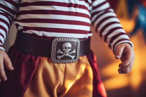 Young boy wearing pirate costume with detailed buckle for Halloween celebration. Generative AI, AI