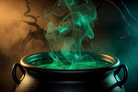 Witch cauldron with rising green smoke in eerie forest light and spooky tree silhouettes.