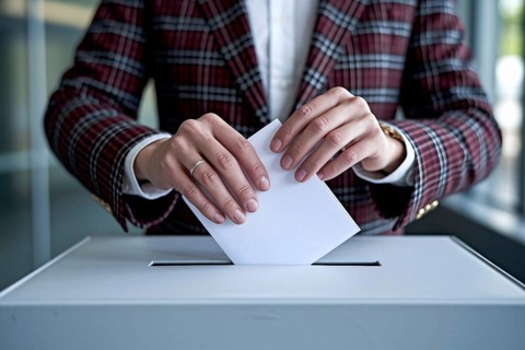 Woman casting vote by placing folded ballot paper into voting box during election. Generative AI,