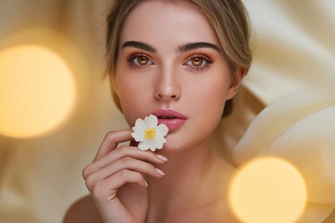 Young blond woman with flawless skin holding white blossom. Elegant beauty portrait with soft