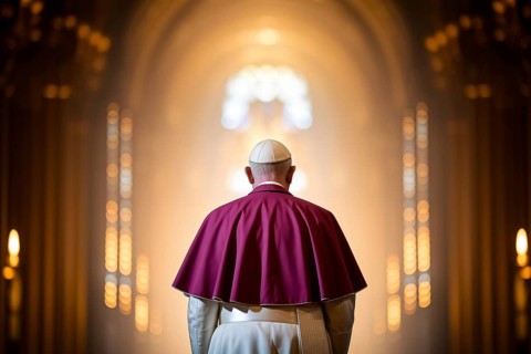 Back view of man in pope-like garments. Anonymous figure in golden catholic church interior.