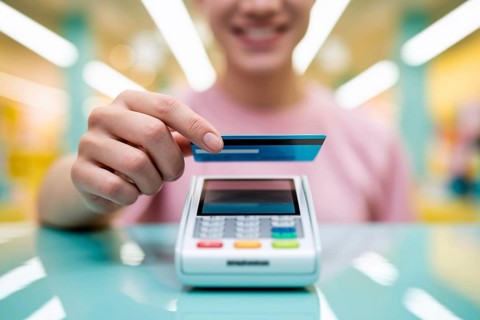 Person tapping credit or debit card on payment terminal. Contactless transaction in store.