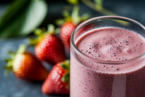 Close-up of creamy strawberry smoothie with fresh strawberries blurred in background, healthy