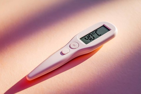 Igital thermometer displaying 40 degrees Fahrenheit, indicating high fever and health alert.