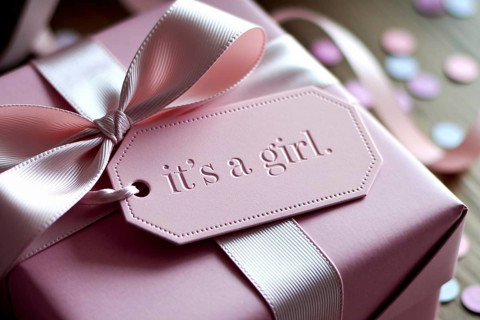 Close up of tag with text it's a girl on pink gift box, a commentary on gender roles and