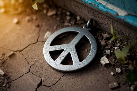 Close up of silver peace symbol pendant lying on rough ground as metaphor for peace in times of war