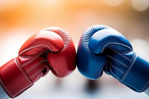 Red and blue boxing gloves facing each other, symbolizing international conflict and geopolitical