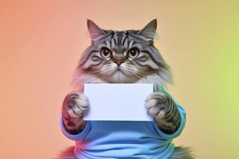 Chubby domestic cat wearing a shirt holding a blank white sign in colorful studio background for