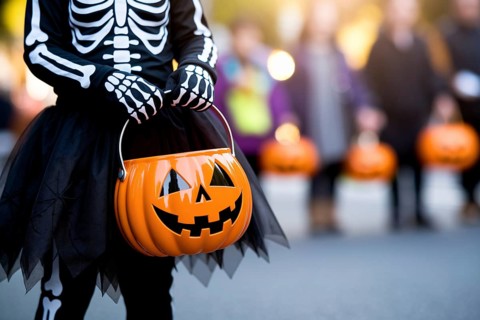 Girl child in skeleton Halloween costume with tulle skirt and pumpkin shaped candy bucket in