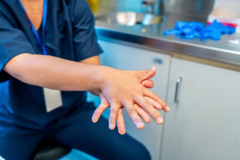 Doctor carefully rubbing and washing hands to prevent spread of germs and bacteria in hospital
