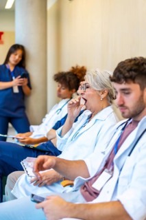 Exhausted doctors and nurses yawning and sitting in a hospital corridor, waiting for patients after