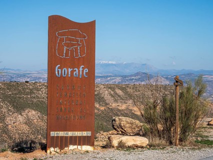 Signpost at the Gorafe megalithic park, Gorafe desert, Andalusia, Spain