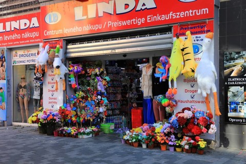 Department stores' in the city centre, bilingual Czech and German, Cheb, Eger, Egerland, Bohemia,