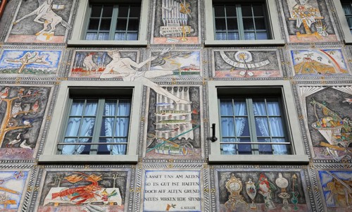 Facade with façade painting in the old town, Stein am Rhein, Canton Schaffhausen, Switzerland