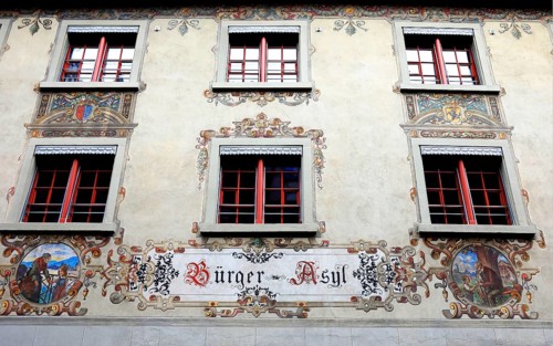 Facade with façade painting in the old town, Bürger-Asyl, Stein am Rhein, Canton Schaffhausen,