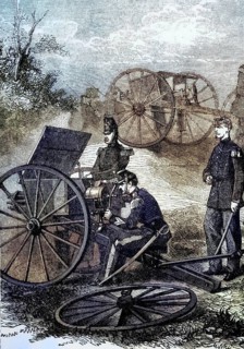 Feldmitrailleuses, a crank-operated machine gun, during the Franco-Prussian War of 1870-1871,