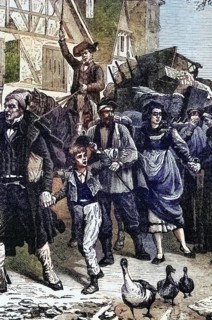 Alsatian farmers fleeing to Strasbourg, France in 1870, digital reproduction of a historical model
