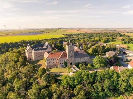 Aerial view of a historic medieval castle surrounded by green countryside, Allstedt, Harz, Germany