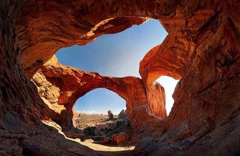 Double Arch, stone arches of red sandstone formed by erosion, Arches-Nationalpark, near Moab, Utah,