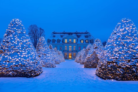 Wackerbarth castle with Christmas lights in the winter twilight, Radebeul, Saxony, Germany