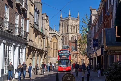 Trinity Street, St John's College, double-decker bus, Cambridge, England, Great Britain