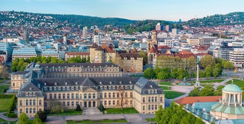 City view of Stuttgart. Aerial view. City centre on the Schlossplatz with New Palace, Old Palace