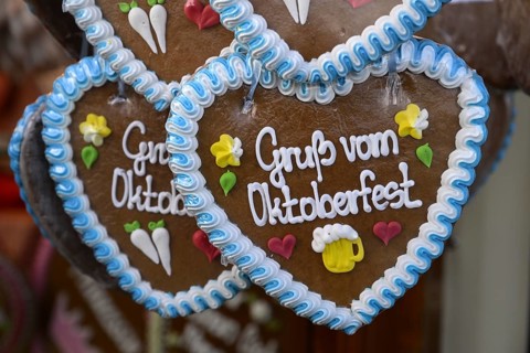Gingerbread hearts at a candy stand at the Oktoberfest, Munich, Bavaria, Germany