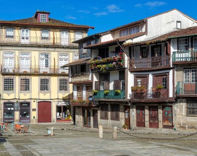Historic buildings in Praça de São Tiago, city of Guimaraes, northern Portugal
