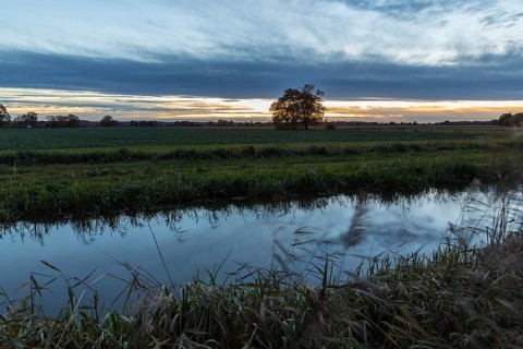 Raklitza water channel at sunset, Niederspreer pond area, Rietschen, Saxony, Germany