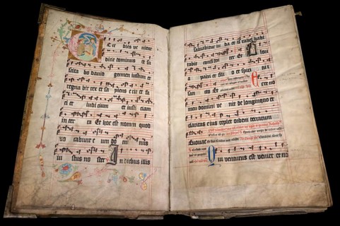 Inside pages of the antique songbook of Gregorian chant from 1471, Bavaria, Germany