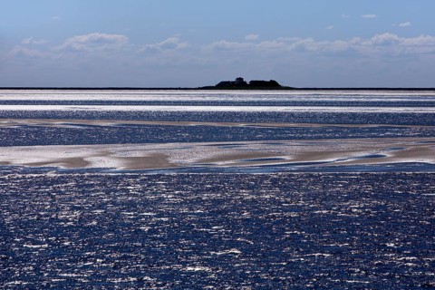 Schleswig-Holstein Wadden Sea National Park with a terp on the Hallig Langeness, North Frisia,