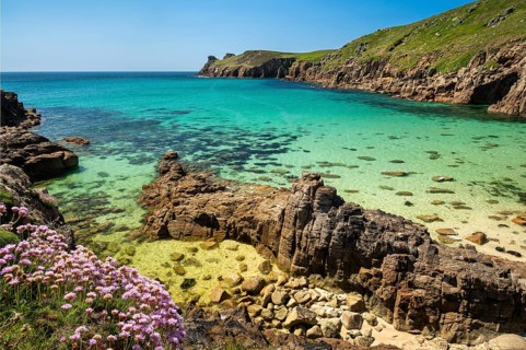 Coastal landscape. sandy beach beach and rocks in Nanjizal Bay or Nanjizal Beach. Beach carnations