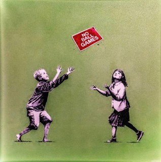 Banksy - No Ball Games, children obey and break the rules at the same time, 2009, Tottenham,